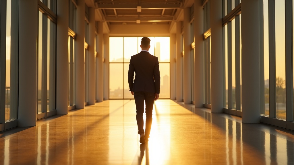 Bryan J. Hayes walking toward the Dallas skyline